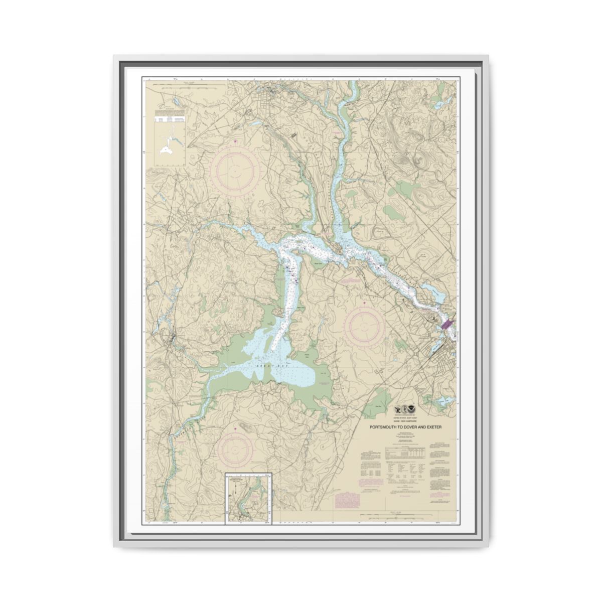 Chart 13285 Portsmouth to Dover and Exeter - NOAA Nautical Chart Floating Frame Canvas | 24" x 32" | 30" x 40" - White front