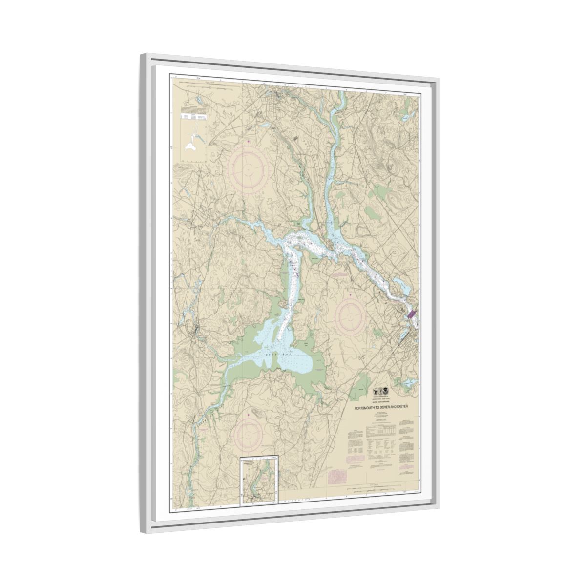 Chart 13285 Portsmouth to Dover and Exeter - NOAA Nautical Chart Floating Frame Canvas | 24" x 32" | 30" x 40" - White side