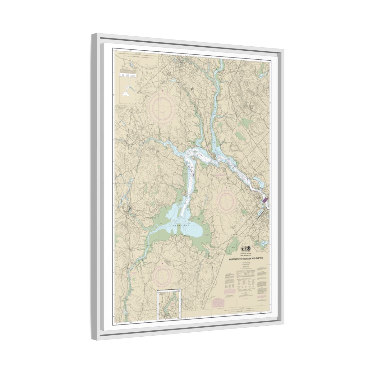 Chart 13285 Portsmouth to Dover and Exeter - NOAA Nautical Chart Floating Frame Canvas | 24" x 32" | 30" x 40" - White side