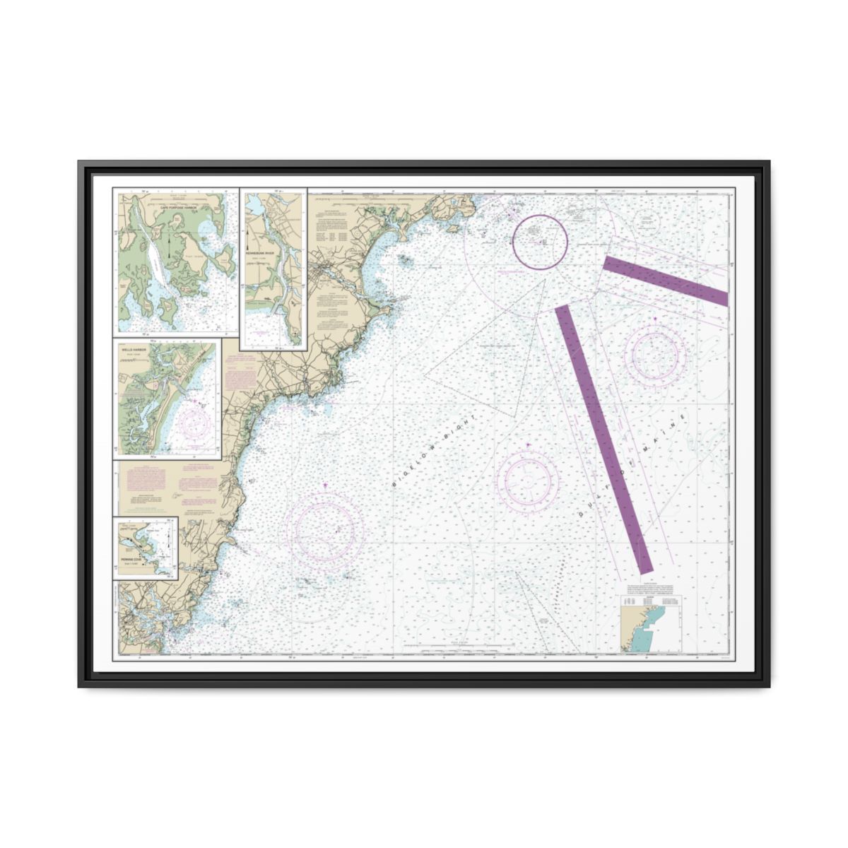 Chart 13286 Cape Elizabeth to Portsmouth; Cape Porpoise Harbor; Wells Harbor; Kennebunk River; Perkins Cove - NOAA Nautical Chart Floating Frame Canvas | 32" x 24" | 40" x 30" - Black front