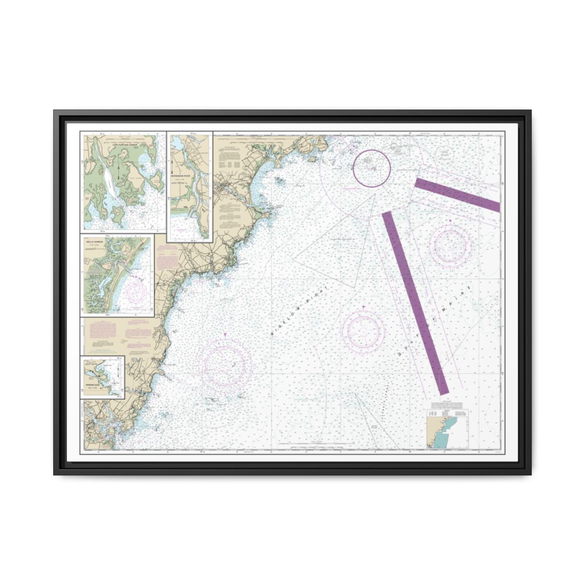 Chart 13286 Cape Elizabeth to Portsmouth; Cape Porpoise Harbor; Wells Harbor; Kennebunk River; Perkins Cove - NOAA Nautical Chart Floating Frame Canvas | 32" x 24" | 40" x 30" - Black front