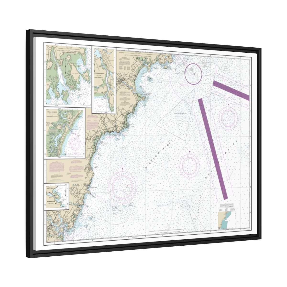 Chart 13286 Cape Elizabeth to Portsmouth; Cape Porpoise Harbor; Wells Harbor; Kennebunk River; Perkins Cove - NOAA Nautical Chart Floating Frame Canvas | 32" x 24" | 40" x 30" - Black side