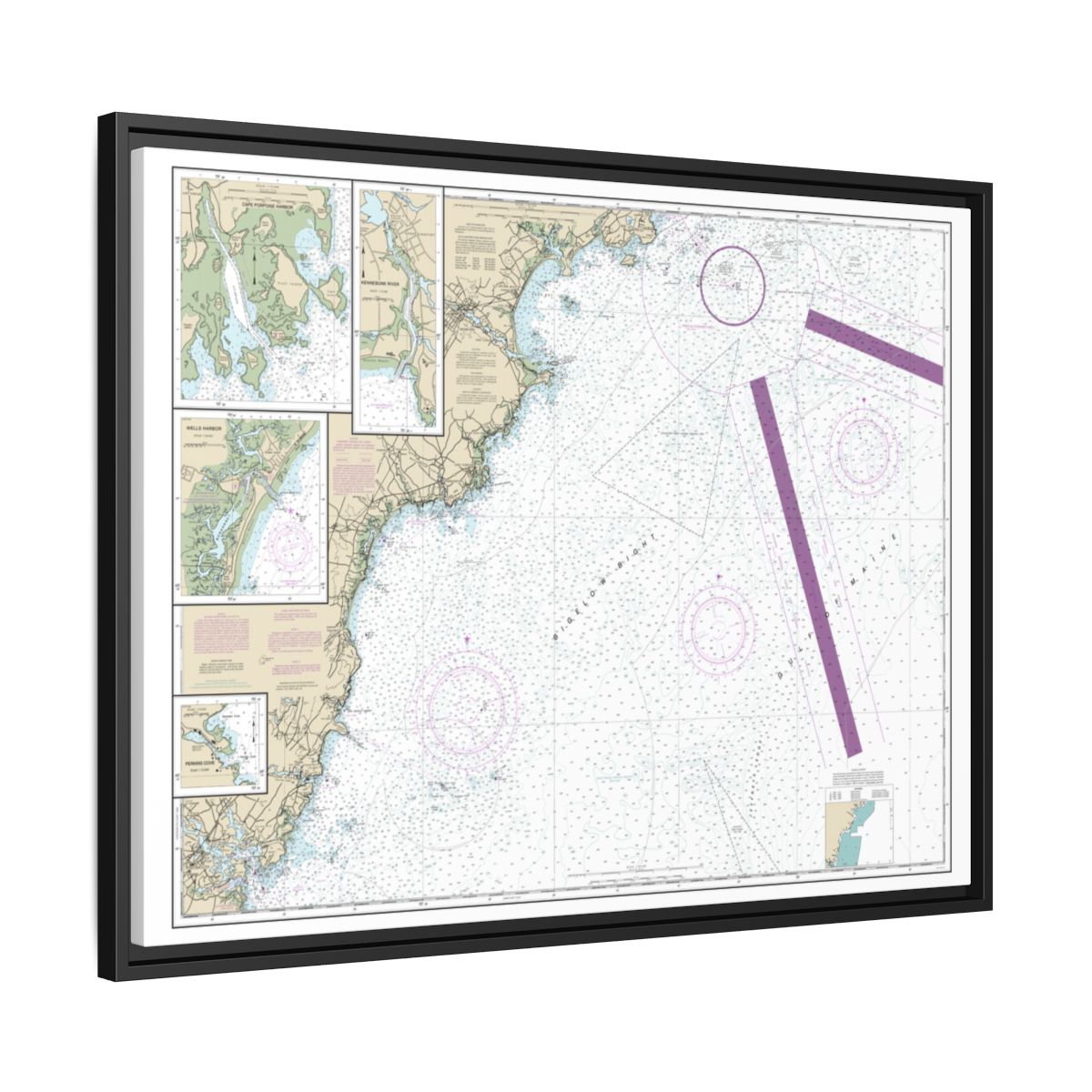 Chart 13286 Cape Elizabeth to Portsmouth; Cape Porpoise Harbor; Wells Harbor; Kennebunk River; Perkins Cove - NOAA Nautical Chart Floating Frame Canvas | 32" x 24" | 40" x 30" - Black side