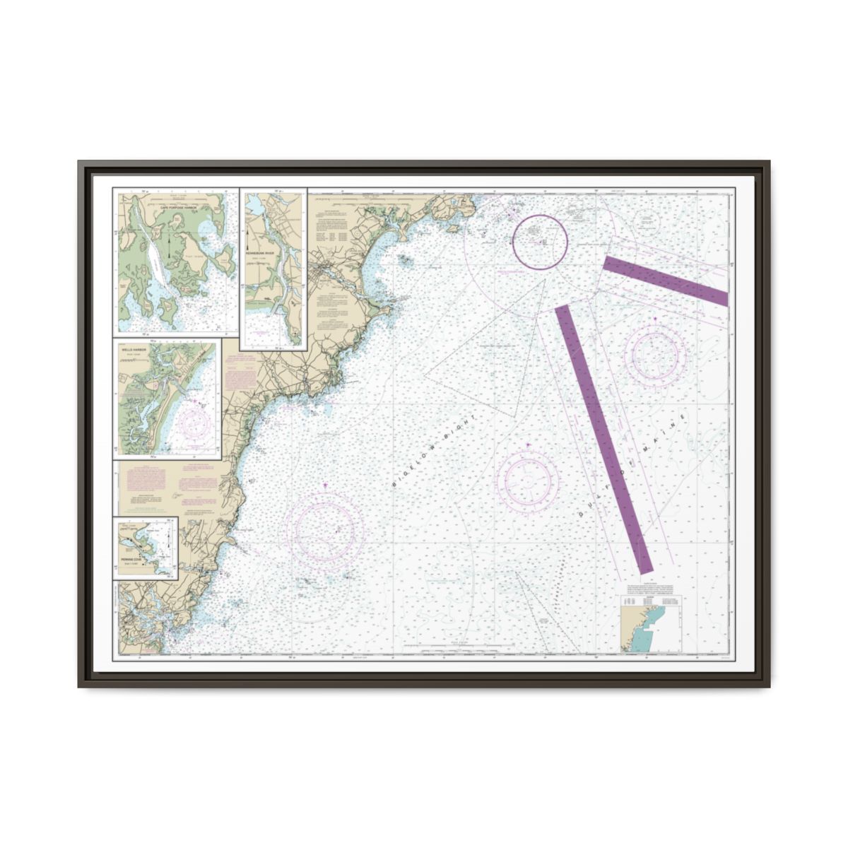 Chart 13286 Cape Elizabeth to Portsmouth; Cape Porpoise Harbor; Wells Harbor; Kennebunk River; Perkins Cove - NOAA Nautical Chart Floating Frame Canvas | 32" x 24" | 40" x 30" - Espresso front
