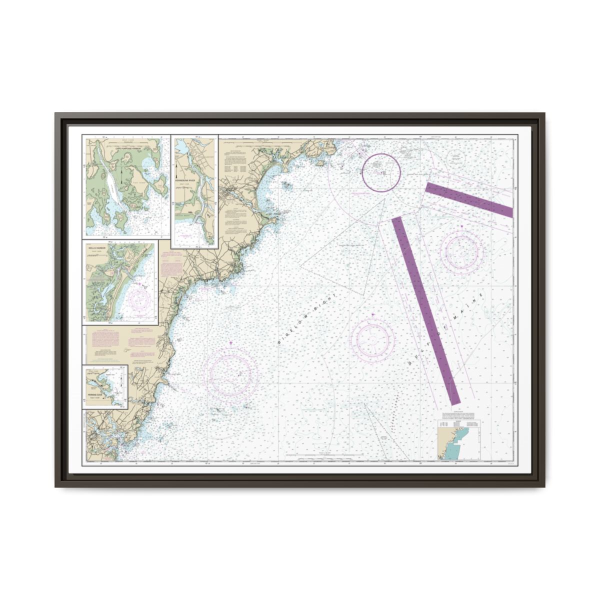 Chart 13286 Cape Elizabeth to Portsmouth; Cape Porpoise Harbor; Wells Harbor; Kennebunk River; Perkins Cove - NOAA Nautical Chart Floating Frame Canvas | 32" x 24" | 40" x 30" - Espresso front