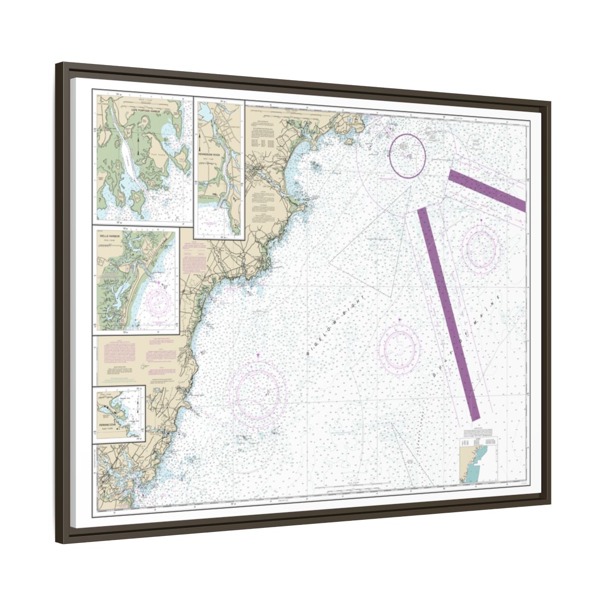 Chart 13286 Cape Elizabeth to Portsmouth; Cape Porpoise Harbor; Wells Harbor; Kennebunk River; Perkins Cove - NOAA Nautical Chart Floating Frame Canvas | 32" x 24" | 40" x 30" - Espresso side
