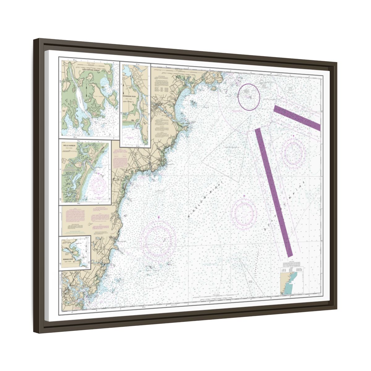Chart 13286 Cape Elizabeth to Portsmouth; Cape Porpoise Harbor; Wells Harbor; Kennebunk River; Perkins Cove - NOAA Nautical Chart Floating Frame Canvas | 32" x 24" | 40" x 30" - Espresso side