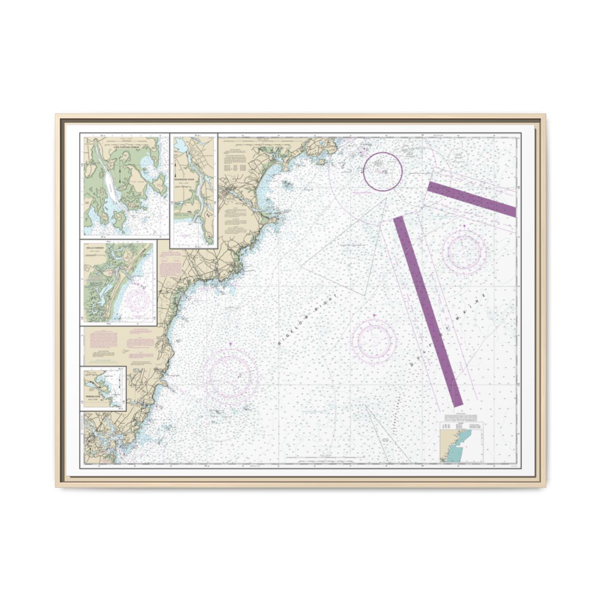 Chart 13286 Cape Elizabeth to Portsmouth; Cape Porpoise Harbor; Wells Harbor; Kennebunk River; Perkins Cove - NOAA Nautical Chart Floating Frame Canvas | 32" x 24" | 40" x 30" - Natural front