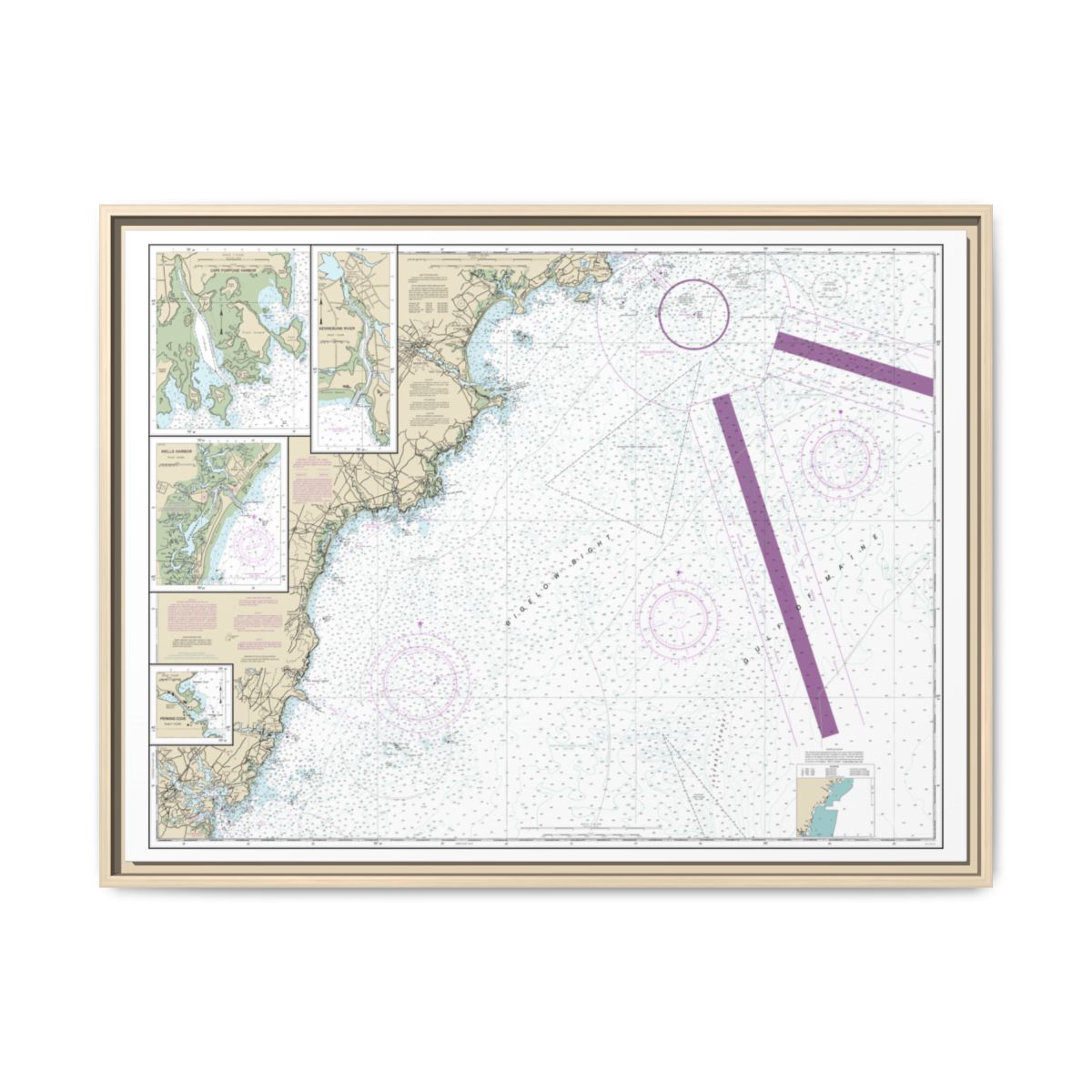 Chart 13286 Cape Elizabeth to Portsmouth; Cape Porpoise Harbor; Wells Harbor; Kennebunk River; Perkins Cove - NOAA Nautical Chart Floating Frame Canvas | 32" x 24" | 40" x 30" - Natural front