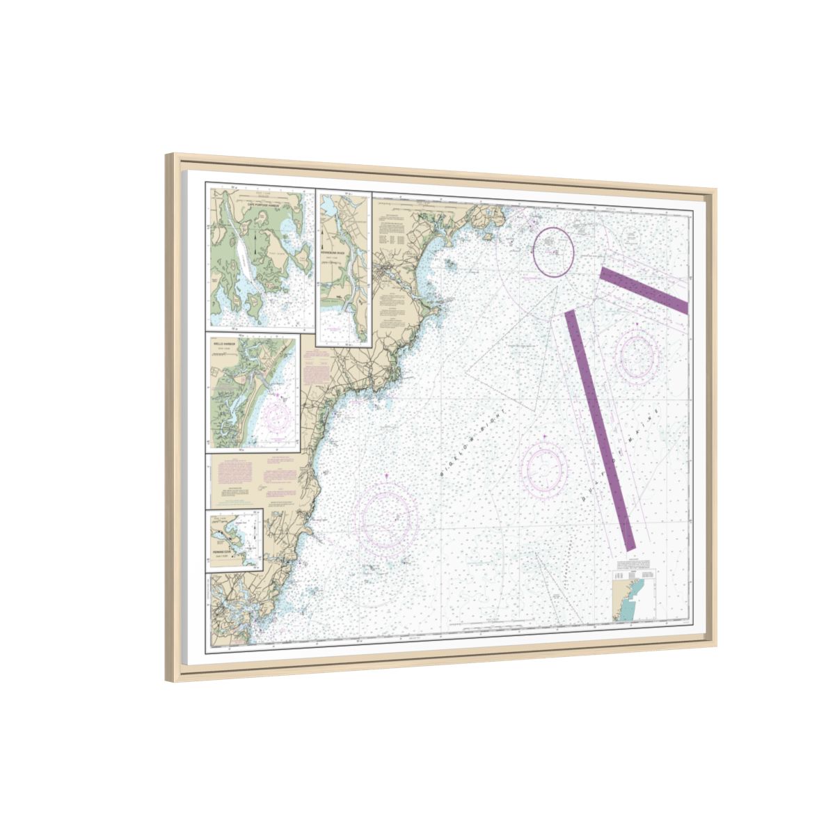 Chart 13286 Cape Elizabeth to Portsmouth; Cape Porpoise Harbor; Wells Harbor; Kennebunk River; Perkins Cove - NOAA Nautical Chart Floating Frame Canvas | 32" x 24" | 40" x 30" - Natural side