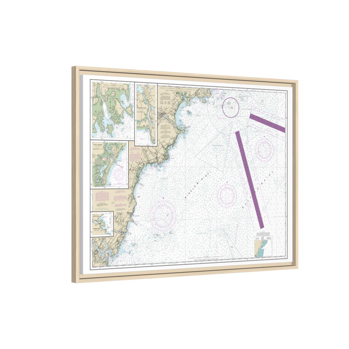 Chart 13286 Cape Elizabeth to Portsmouth; Cape Porpoise Harbor; Wells Harbor; Kennebunk River; Perkins Cove - NOAA Nautical Chart Floating Frame Canvas | 32" x 24" | 40" x 30" - Natural side