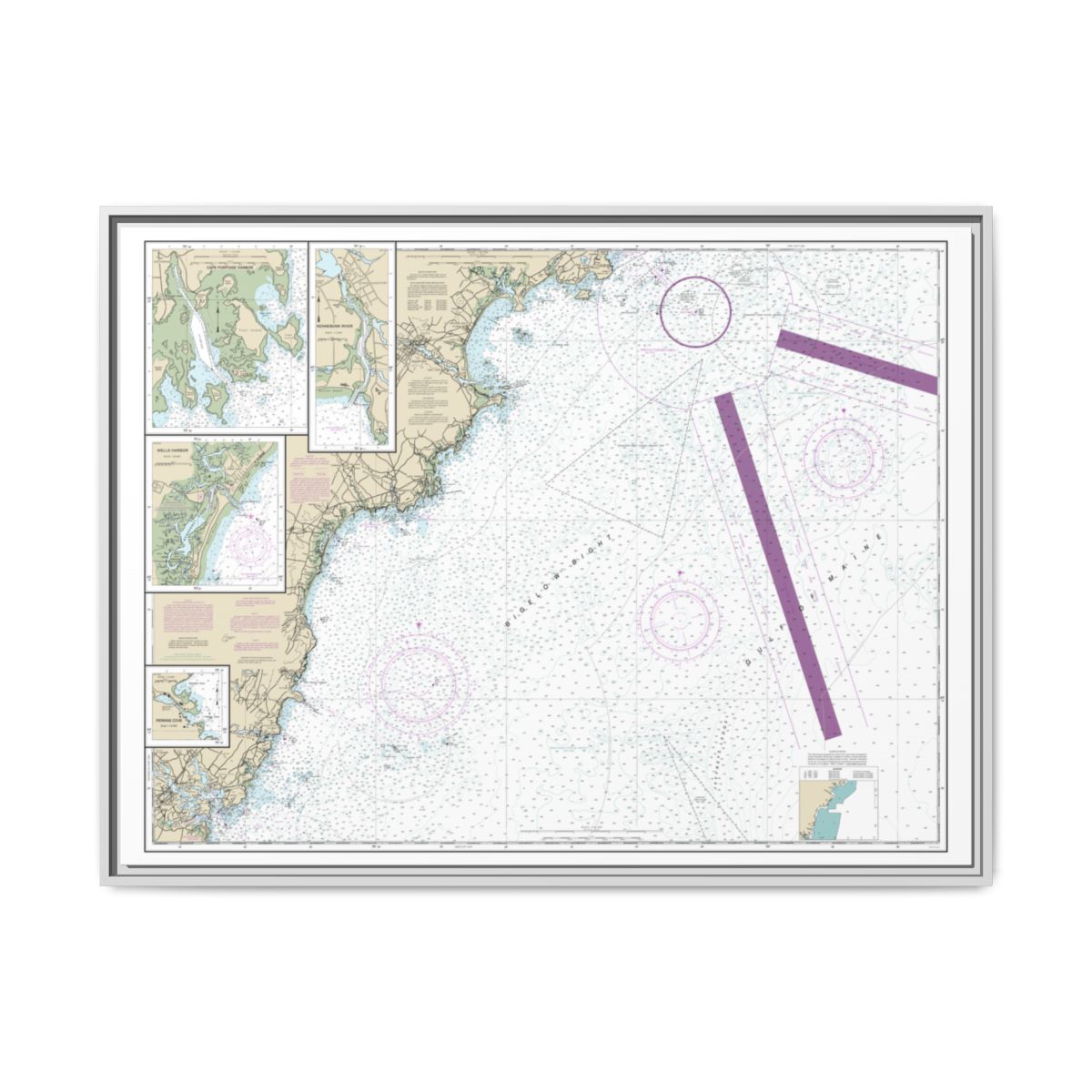 Chart 13286 Cape Elizabeth to Portsmouth; Cape Porpoise Harbor; Wells Harbor; Kennebunk River; Perkins Cove - NOAA Nautical Chart Floating Frame Canvas | 32" x 24" | 40" x 30" - White front