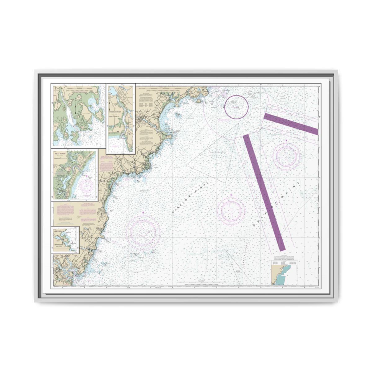 Chart 13286 Cape Elizabeth to Portsmouth; Cape Porpoise Harbor; Wells Harbor; Kennebunk River; Perkins Cove - NOAA Nautical Chart Floating Frame Canvas | 32" x 24" | 40" x 30" - White front