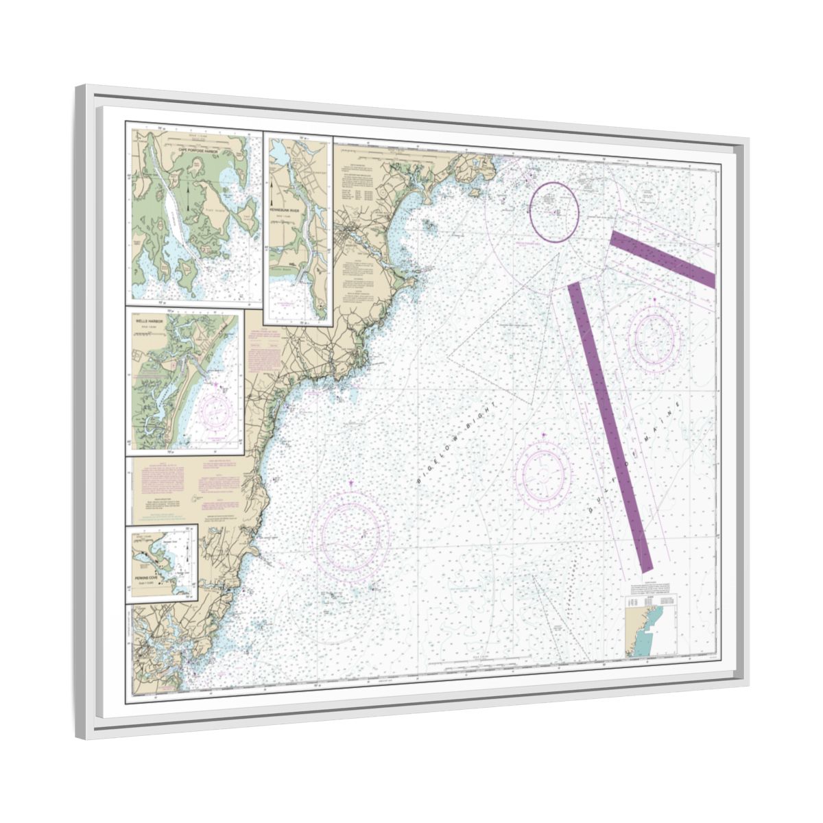 Chart 13286 Cape Elizabeth to Portsmouth; Cape Porpoise Harbor; Wells Harbor; Kennebunk River; Perkins Cove - NOAA Nautical Chart Floating Frame Canvas | 32" x 24" | 40" x 30" - White side