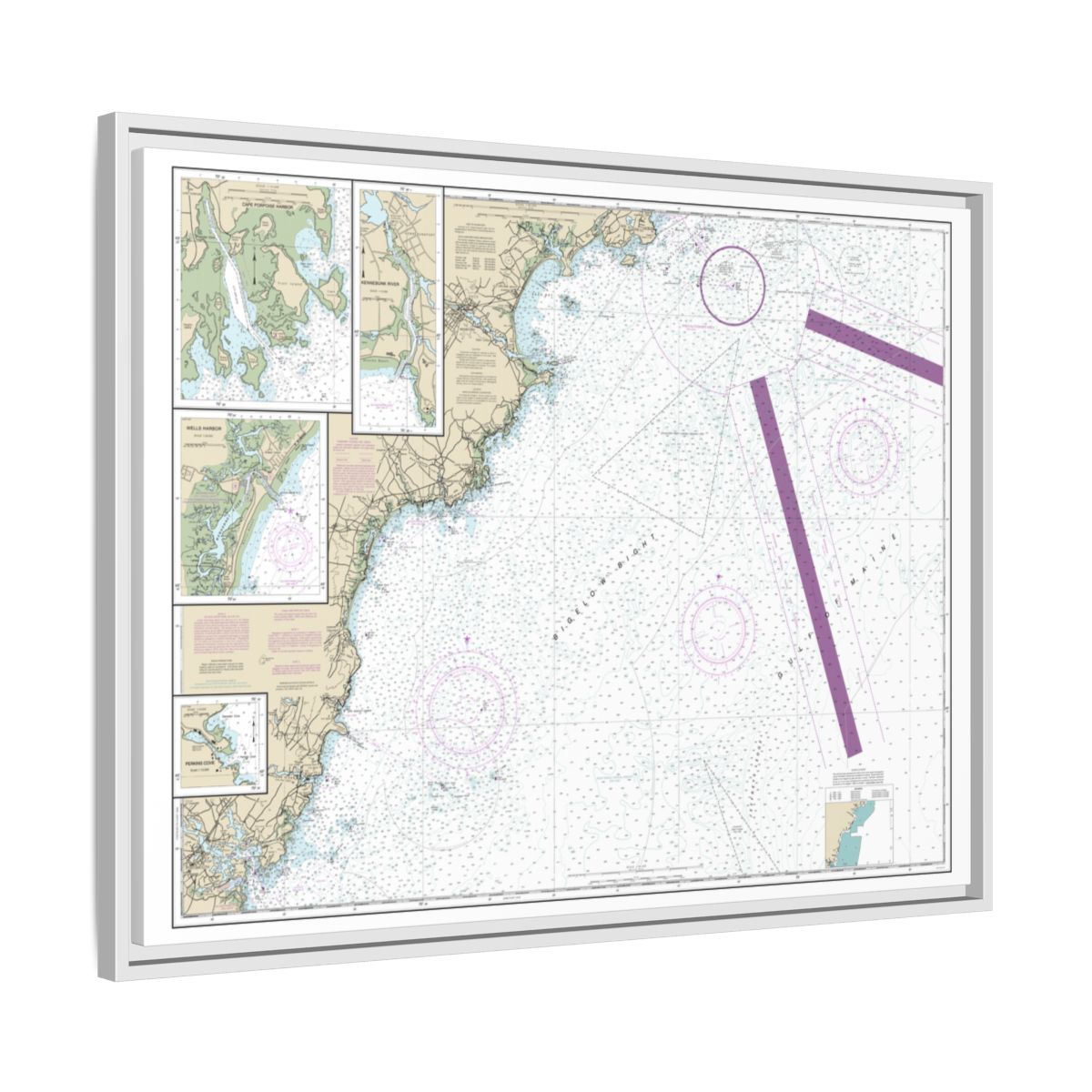 Chart 13286 Cape Elizabeth to Portsmouth; Cape Porpoise Harbor; Wells Harbor; Kennebunk River; Perkins Cove - NOAA Nautical Chart Floating Frame Canvas | 32" x 24" | 40" x 30" - White side