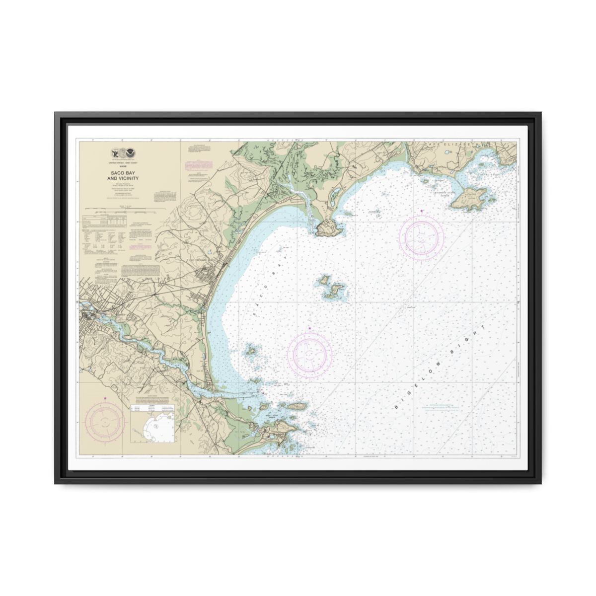 Chart 13287 Saco Bay and Vicinity - NOAA Nautical Chart Floating Frame Canvas | 32" x 24" | 40" x 30" - Black front