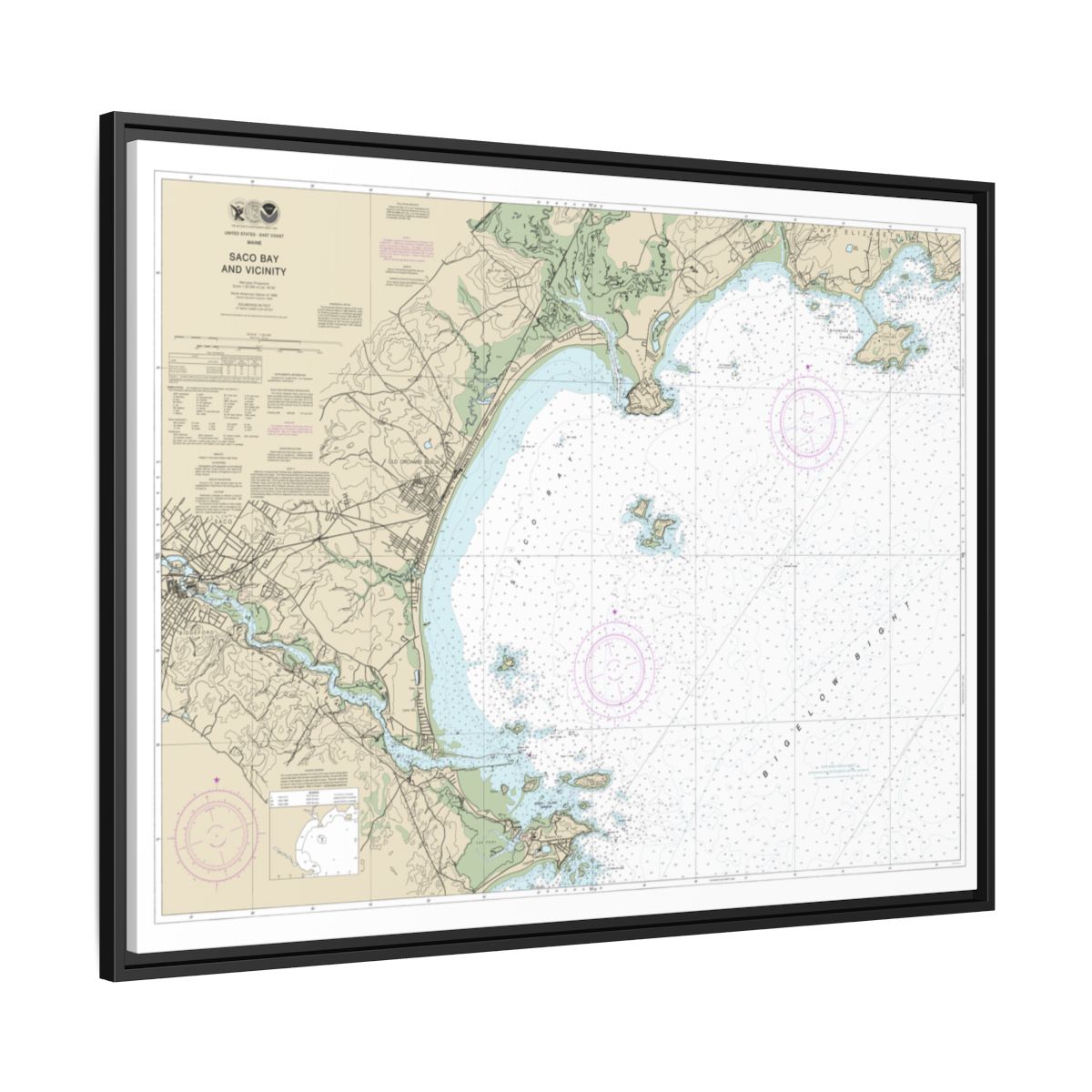 Chart 13287 Saco Bay and Vicinity - NOAA Nautical Chart Floating Frame Canvas | 32" x 24" | 40" x 30" - Black side