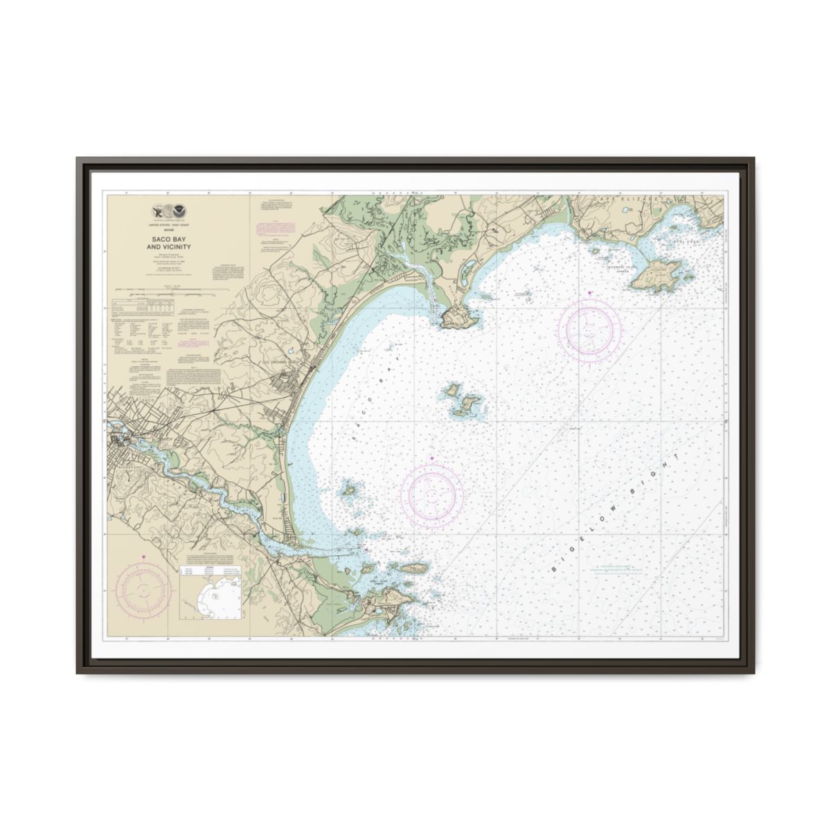 Chart 13287 Saco Bay and Vicinity - NOAA Nautical Chart Floating Frame Canvas | 32" x 24" | 40" x 30" - Espresso front