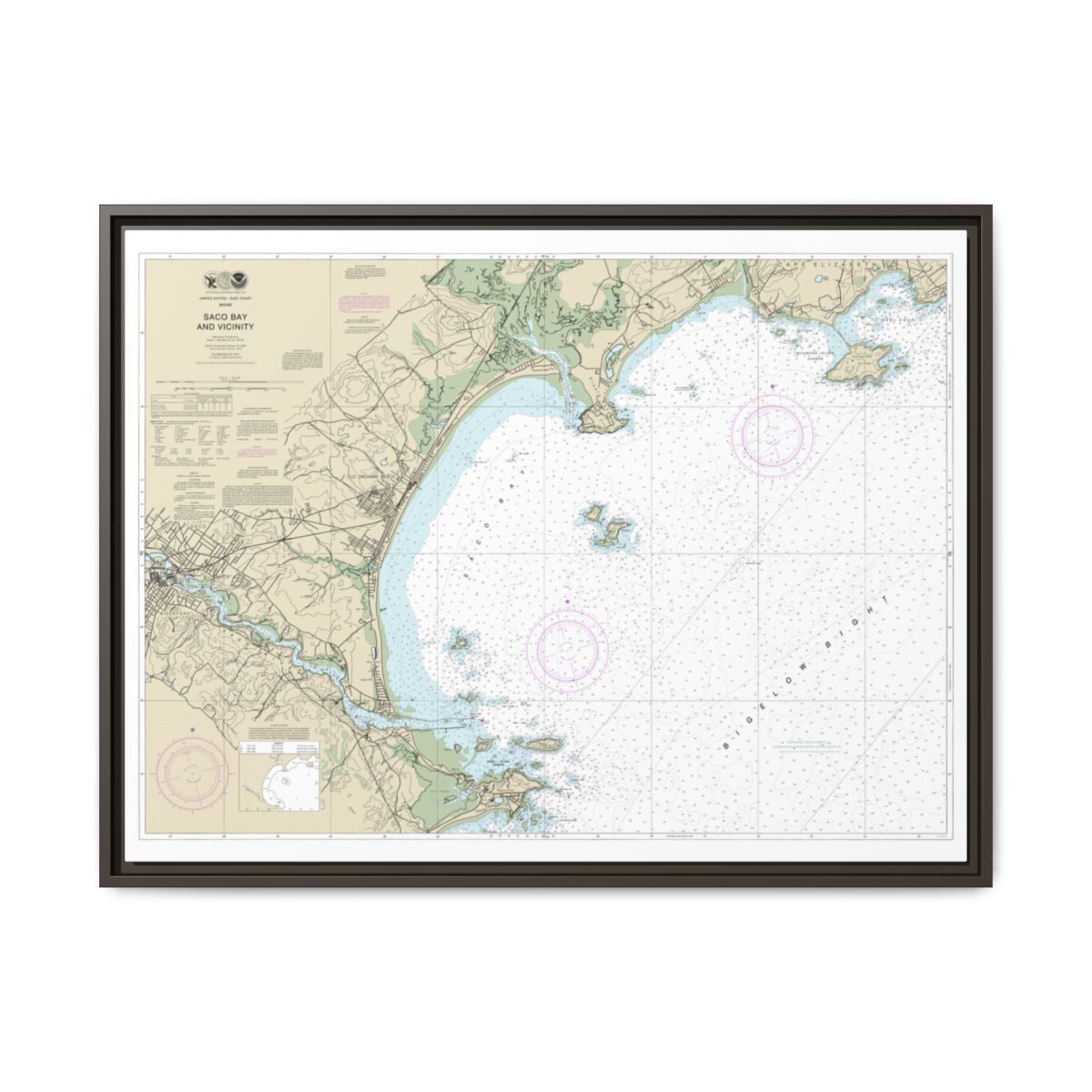 Chart 13287 Saco Bay and Vicinity - NOAA Nautical Chart Floating Frame Canvas | 32" x 24" | 40" x 30" - Espresso front