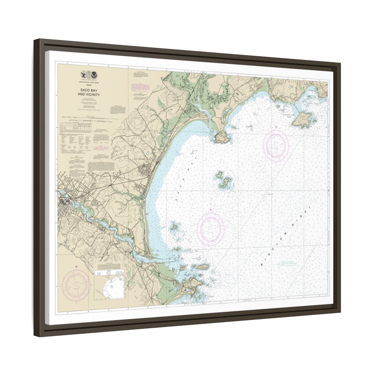 Chart 13287 Saco Bay and Vicinity - NOAA Nautical Chart Floating Frame Canvas | 32" x 24" | 40" x 30" - Espresso side