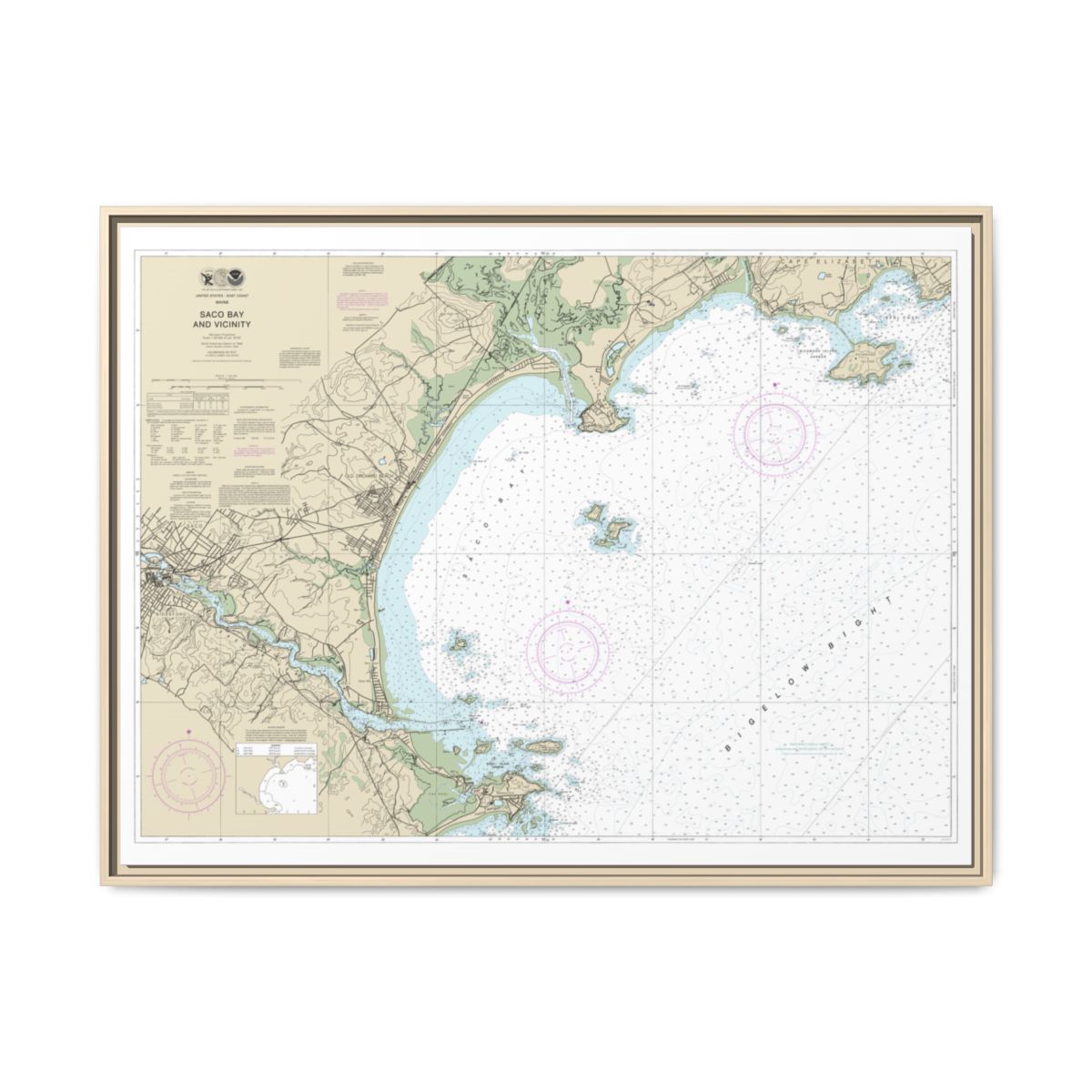 Chart 13287 Saco Bay and Vicinity - NOAA Nautical Chart Floating Frame Canvas | 32" x 24" | 40" x 30" - Natural front