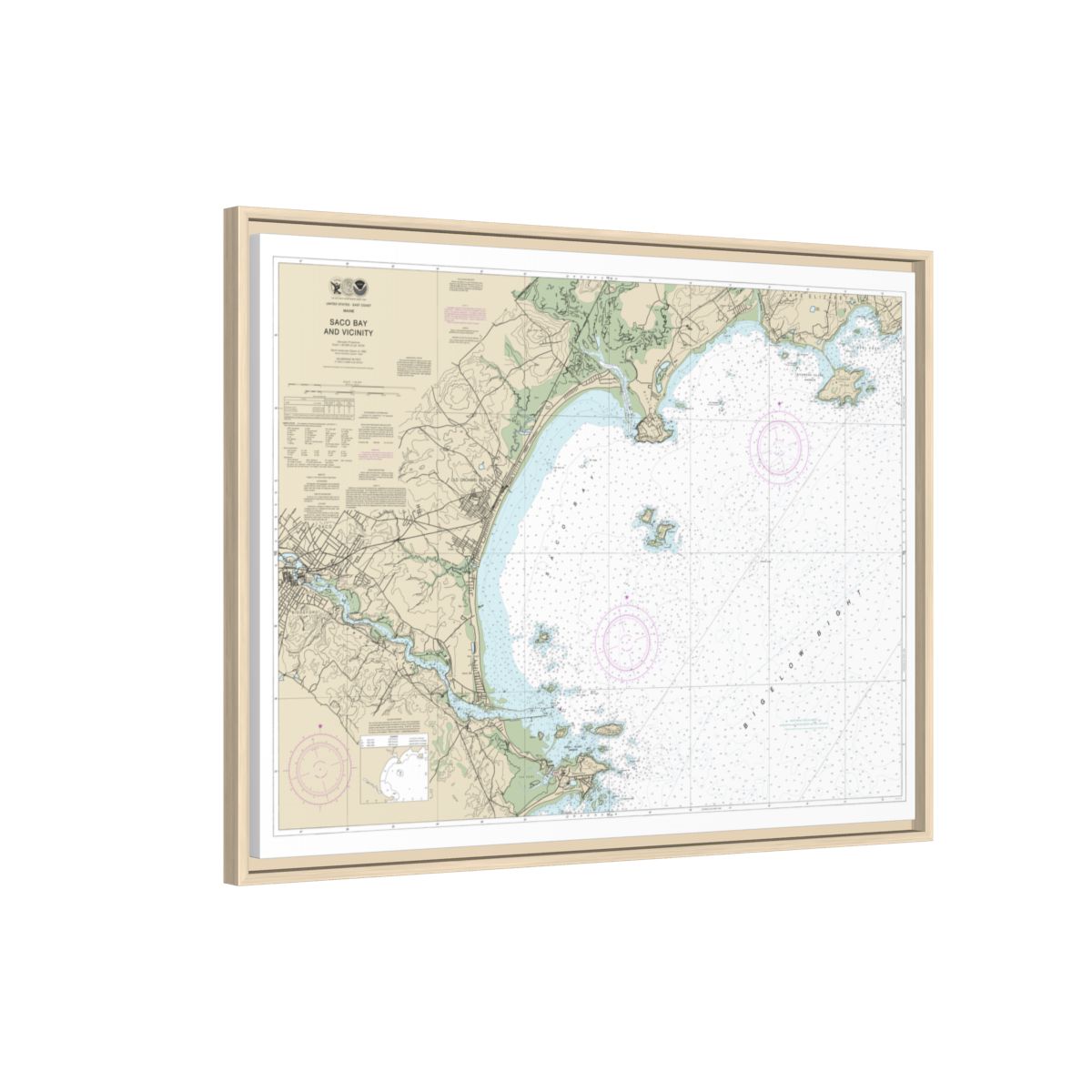 Chart 13287 Saco Bay and Vicinity - NOAA Nautical Chart Floating Frame Canvas | 32" x 24" | 40" x 30" - Natural side