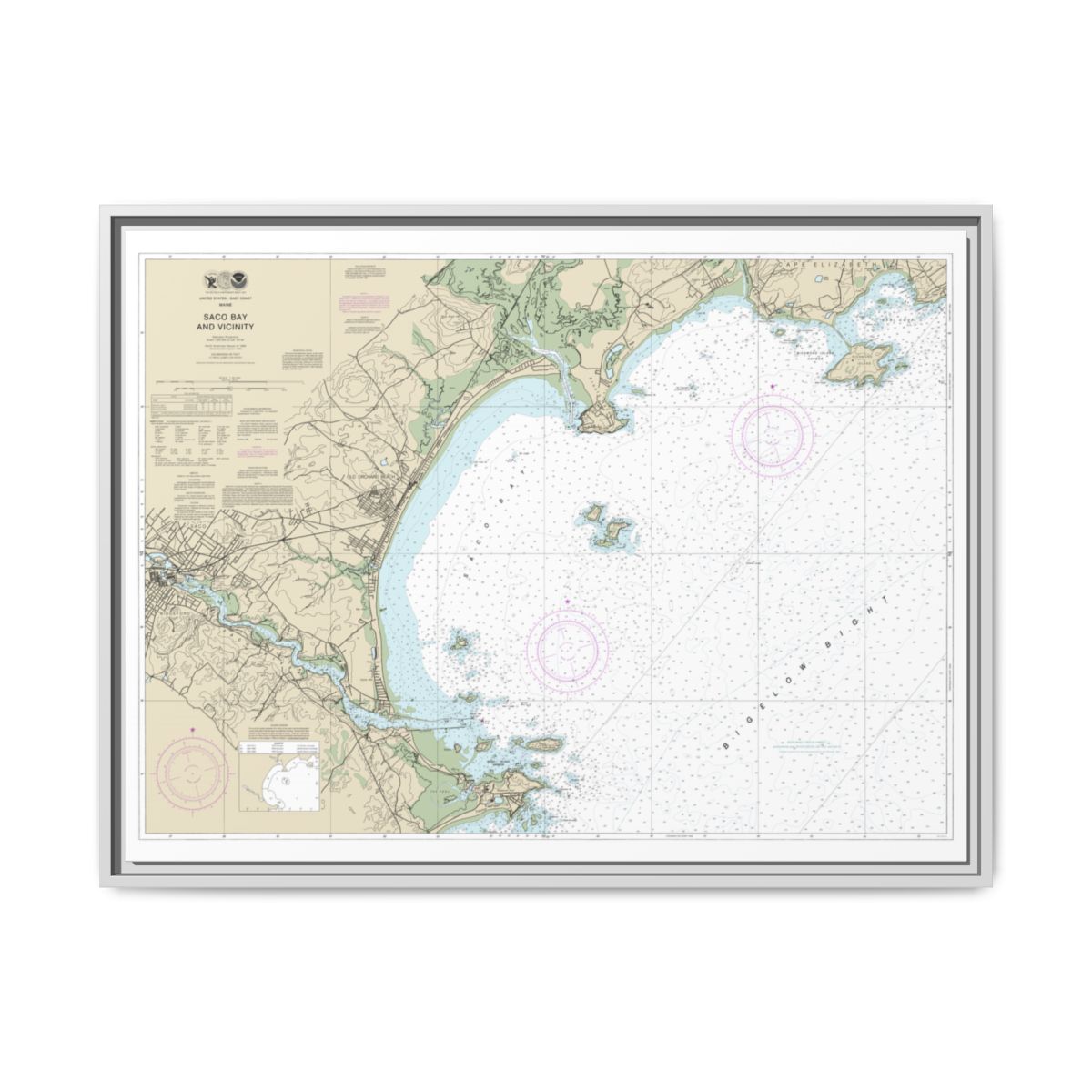 Chart 13287 Saco Bay and Vicinity - NOAA Nautical Chart Floating Frame Canvas | 32" x 24" | 40" x 30" - White front