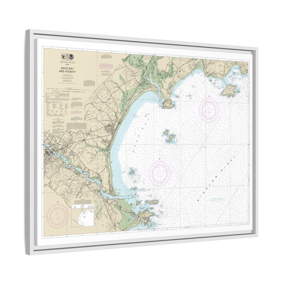 Chart 13287 Saco Bay and Vicinity - NOAA Nautical Chart Floating Frame Canvas | 32" x 24" | 40" x 30" - White side