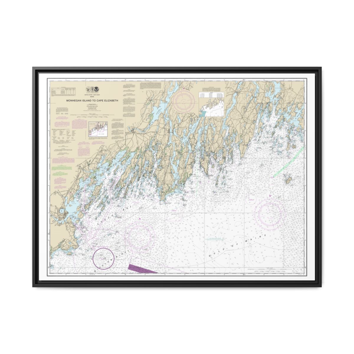 Chart 13288 Monhegan Island to Cape Elizabeth - NOAA Nautical Chart Floating Frame Canvas | 32" x 24" | 40" x 30" - Black front