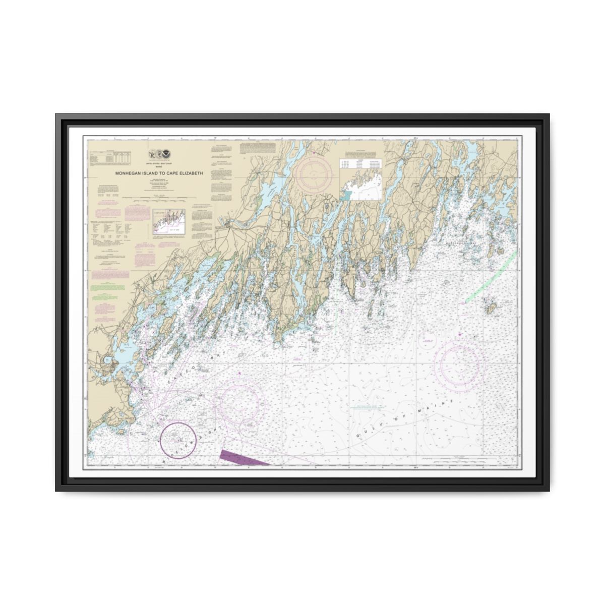 Chart 13288 Monhegan Island to Cape Elizabeth - NOAA Nautical Chart Floating Frame Canvas | 32" x 24" | 40" x 30" - Black front