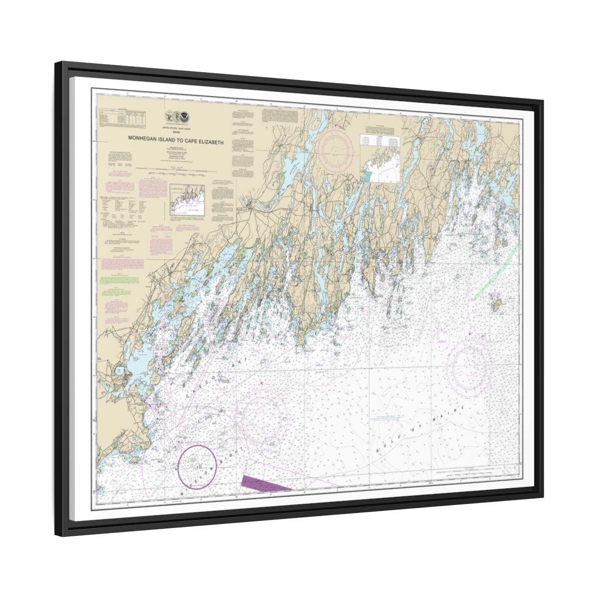 Chart 13288 Monhegan Island to Cape Elizabeth - NOAA Nautical Chart Floating Frame Canvas | 32" x 24" | 40" x 30" - Black side