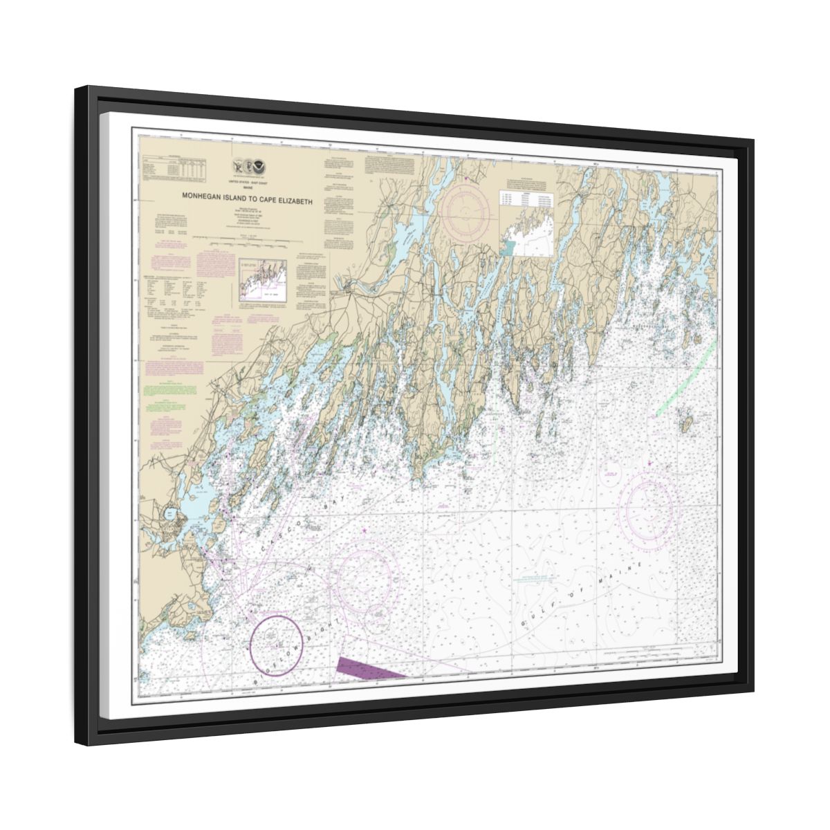 Chart 13288 Monhegan Island to Cape Elizabeth - NOAA Nautical Chart Floating Frame Canvas | 32" x 24" | 40" x 30" - Black side