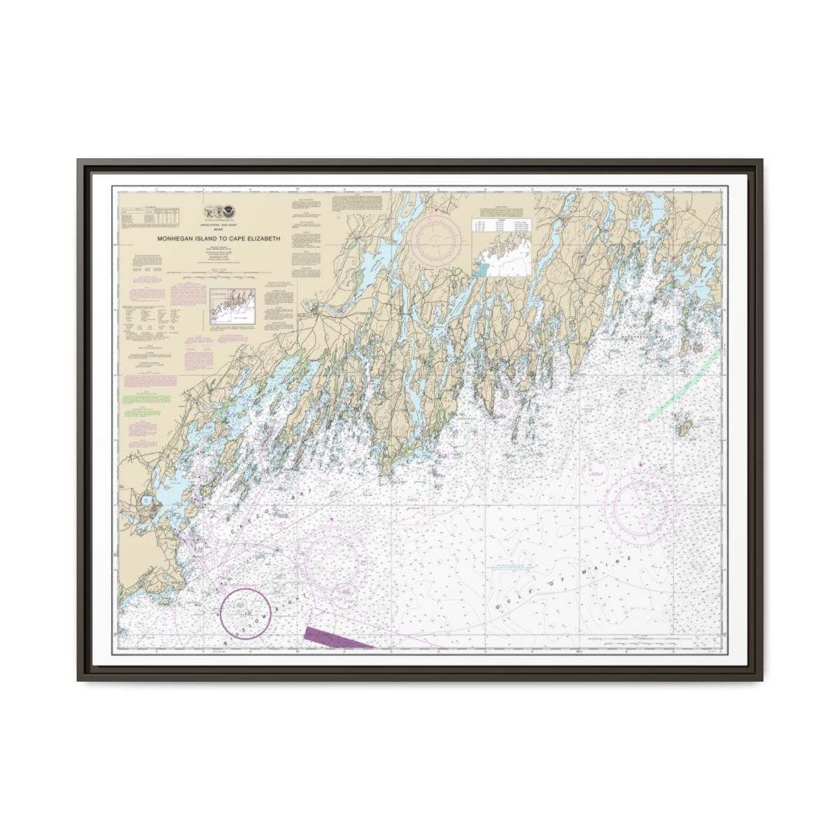 Chart 13288 Monhegan Island to Cape Elizabeth - NOAA Nautical Chart Floating Frame Canvas | 32" x 24" | 40" x 30" - Espresso front