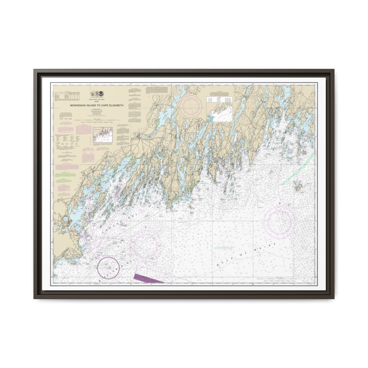 Chart 13288 Monhegan Island to Cape Elizabeth - NOAA Nautical Chart Floating Frame Canvas | 32" x 24" | 40" x 30" - Espresso front