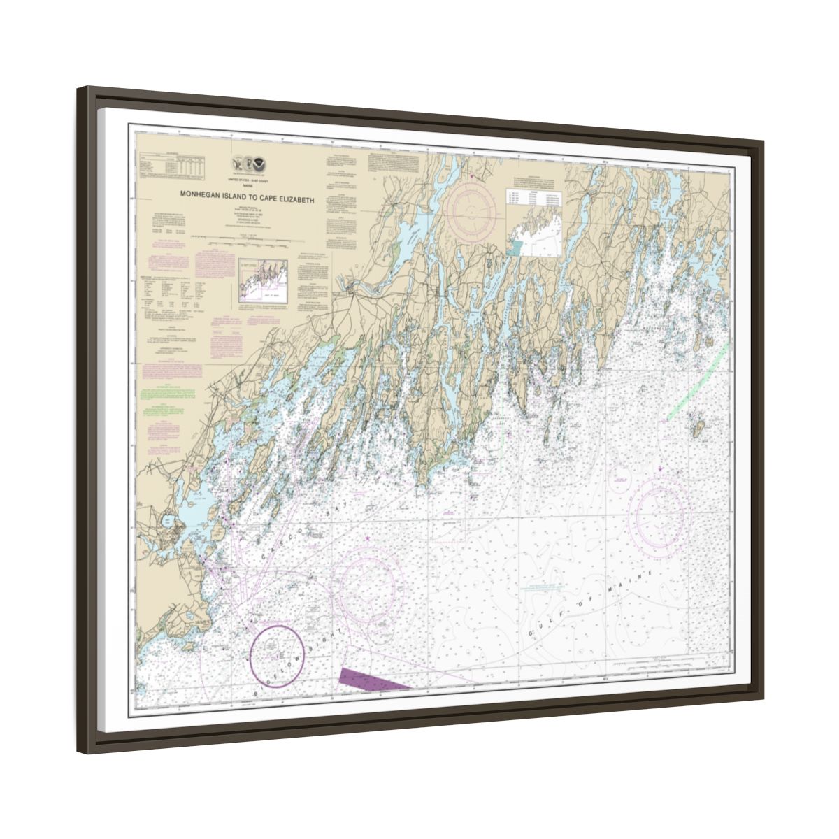 Chart 13288 Monhegan Island to Cape Elizabeth - NOAA Nautical Chart Floating Frame Canvas | 32" x 24" | 40" x 30" - Espresso side