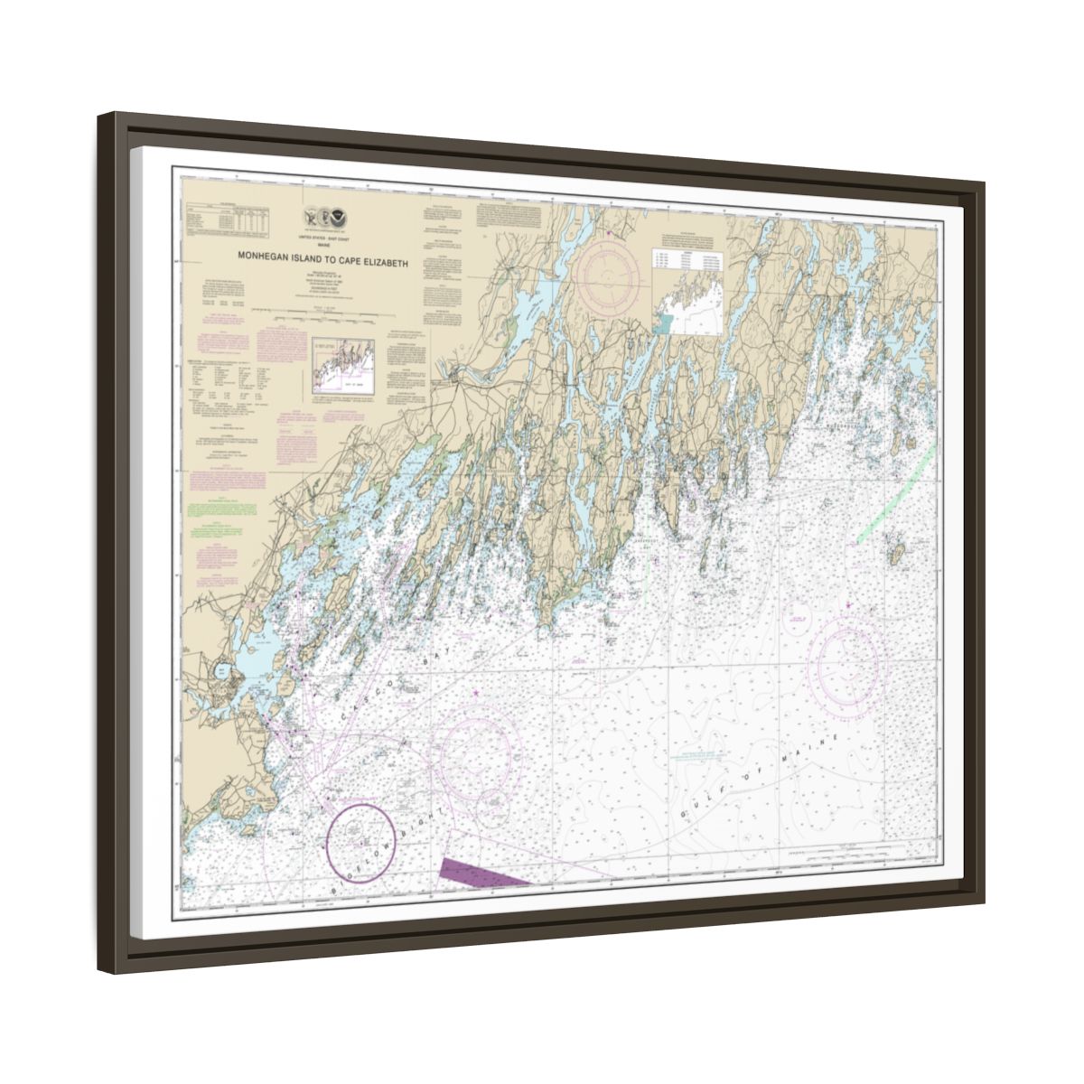 Chart 13288 Monhegan Island to Cape Elizabeth - NOAA Nautical Chart Floating Frame Canvas | 32" x 24" | 40" x 30" - Espresso side