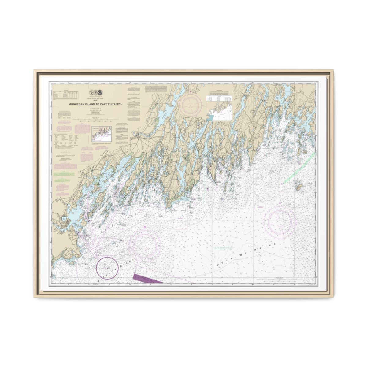 Chart 13288 Monhegan Island to Cape Elizabeth - NOAA Nautical Chart Floating Frame Canvas | 32" x 24" | 40" x 30" - Natural front