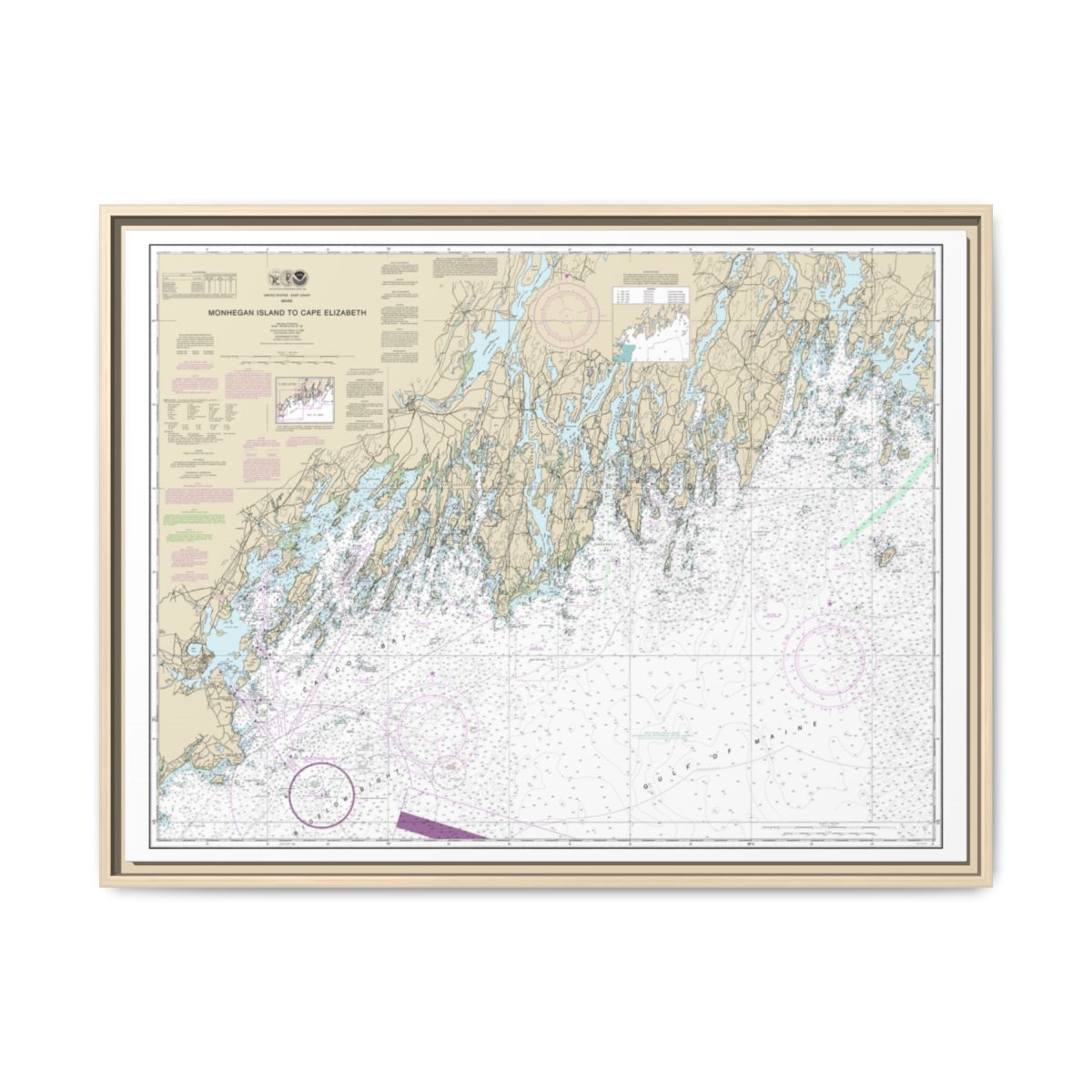 Chart 13288 Monhegan Island to Cape Elizabeth - NOAA Nautical Chart Floating Frame Canvas | 32" x 24" | 40" x 30" - Natural front