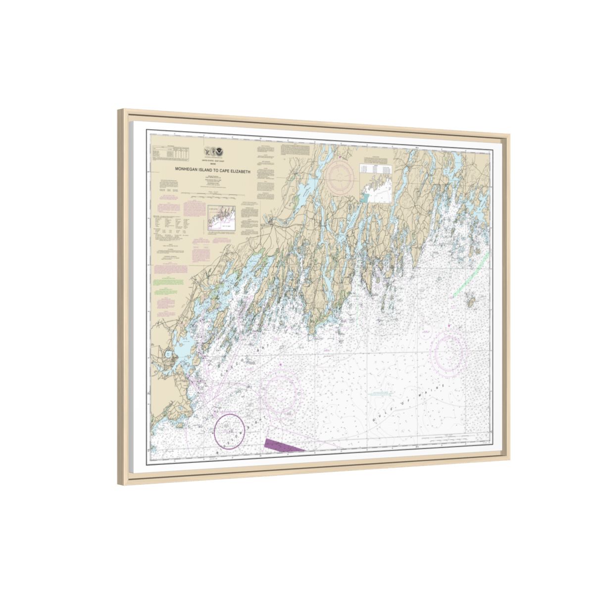 Chart 13288 Monhegan Island to Cape Elizabeth - NOAA Nautical Chart Floating Frame Canvas | 32" x 24" | 40" x 30" - Natural side