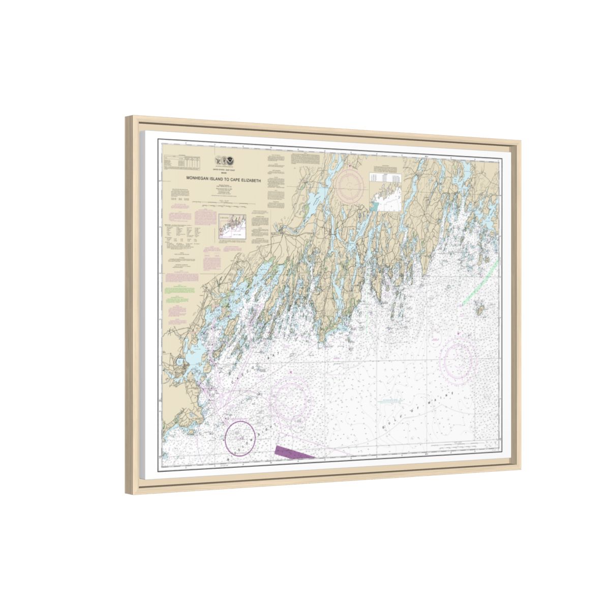 Chart 13288 Monhegan Island to Cape Elizabeth - NOAA Nautical Chart Floating Frame Canvas | 32" x 24" | 40" x 30" - Natural side