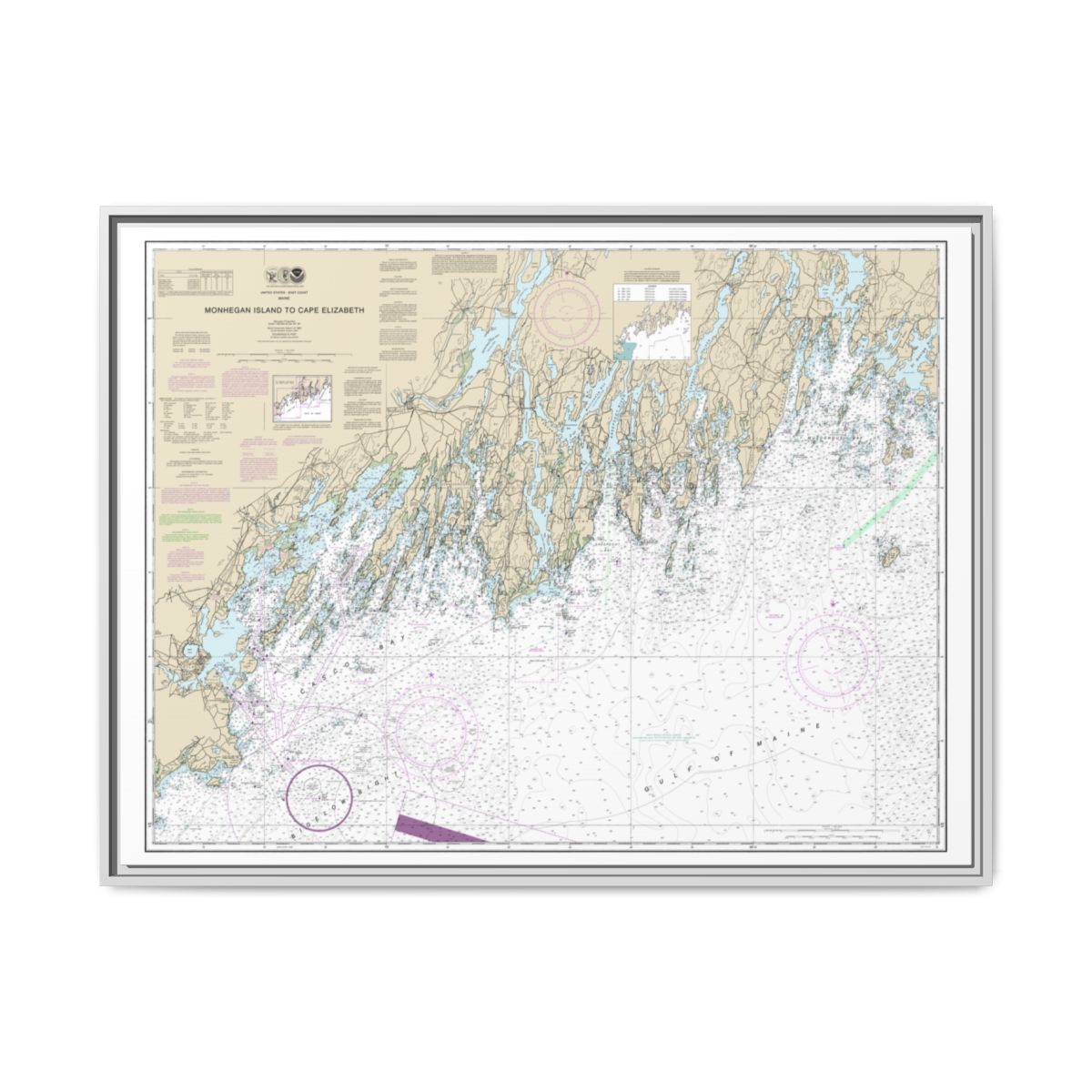 Chart 13288 Monhegan Island to Cape Elizabeth - NOAA Nautical Chart Floating Frame Canvas | 32" x 24" | 40" x 30" - White front