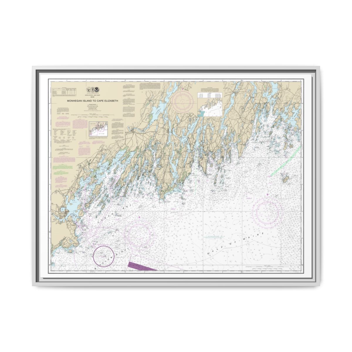 Chart 13288 Monhegan Island to Cape Elizabeth - NOAA Nautical Chart Floating Frame Canvas | 32" x 24" | 40" x 30" - White front