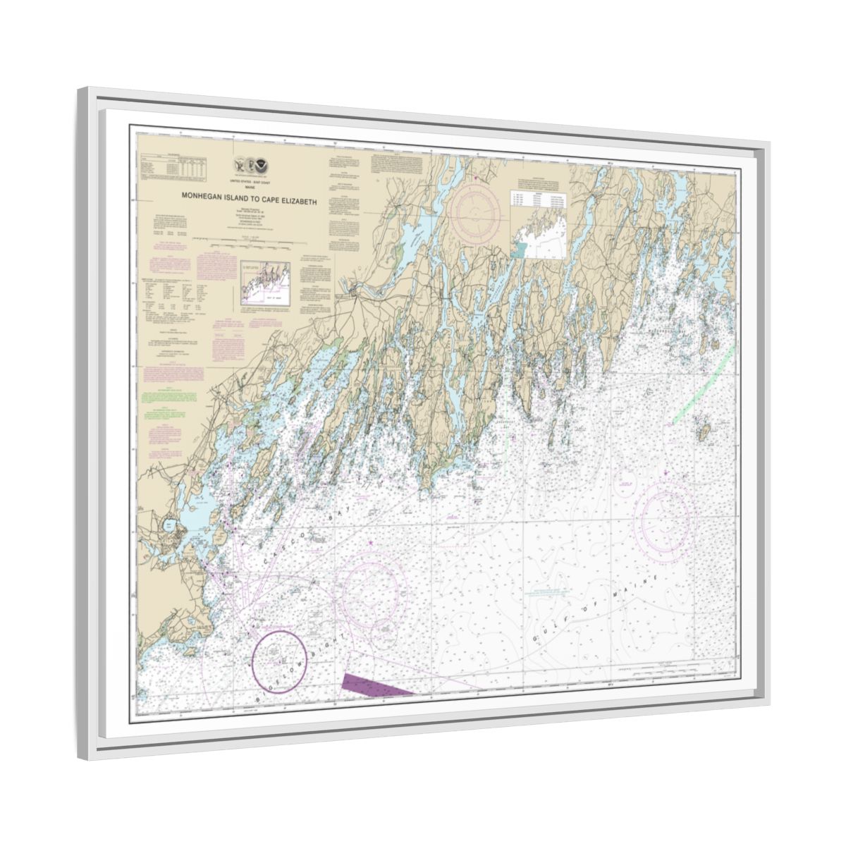 Chart 13288 Monhegan Island to Cape Elizabeth - NOAA Nautical Chart Floating Frame Canvas | 32" x 24" | 40" x 30" - White side