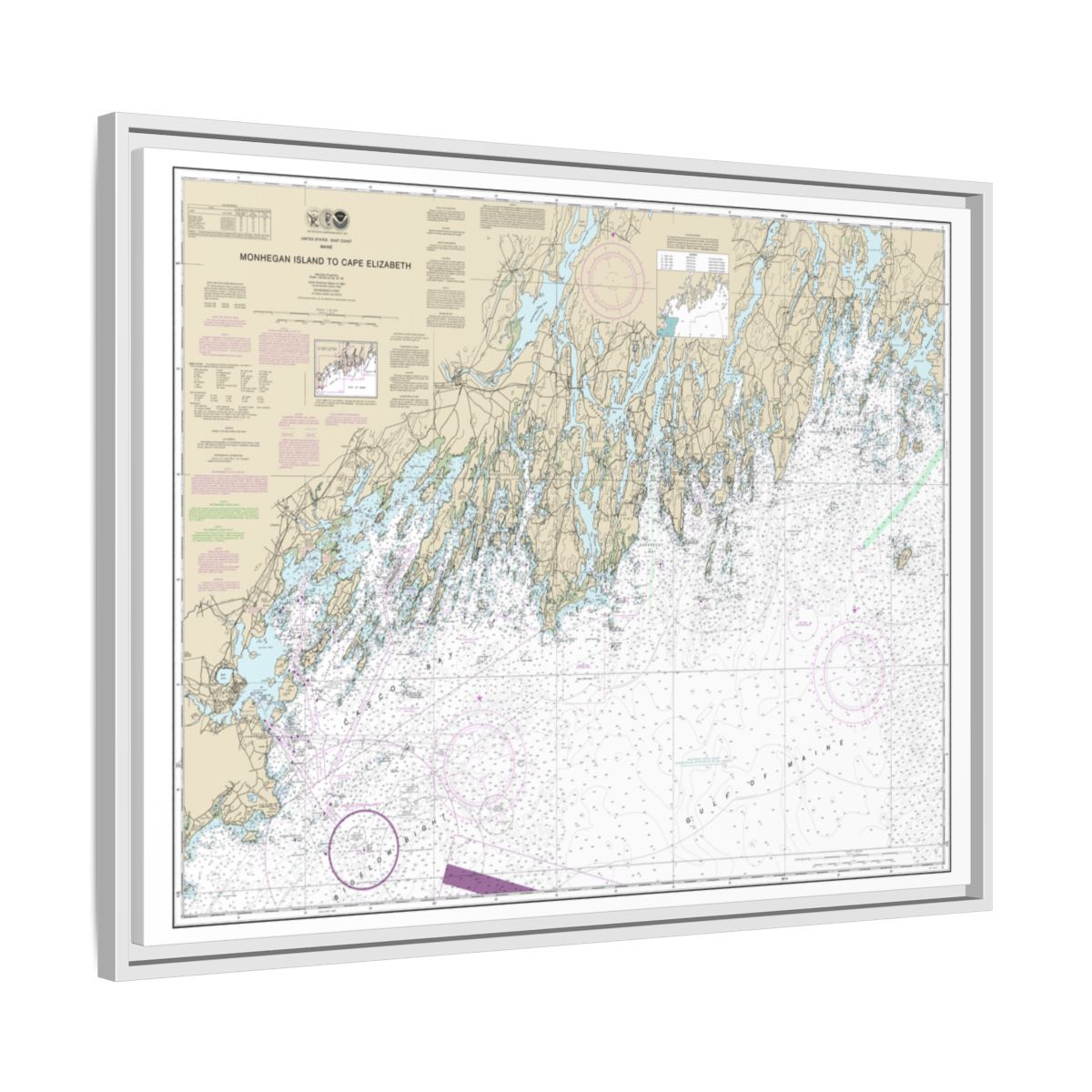 Chart 13288 Monhegan Island to Cape Elizabeth - NOAA Nautical Chart Floating Frame Canvas | 32" x 24" | 40" x 30" - White side
