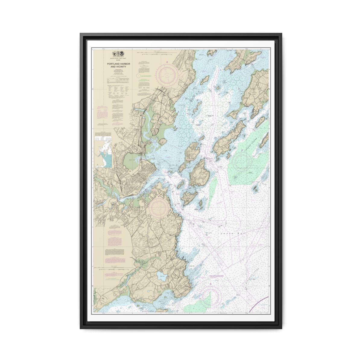 Chart 13292 Portland Harbor and Vicinity - NOAA Nautical Chart Floating Frame Canvas | 20" x 30" | 24" x 36" | 32" x 48" - Black front