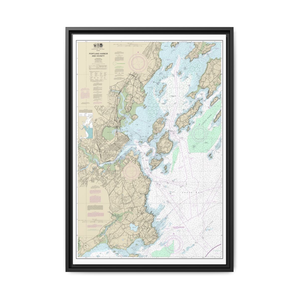 Chart 13292 Portland Harbor and Vicinity - NOAA Nautical Chart Floating Frame Canvas | 20" x 30" | 24" x 36" | 32" x 48" - Black front