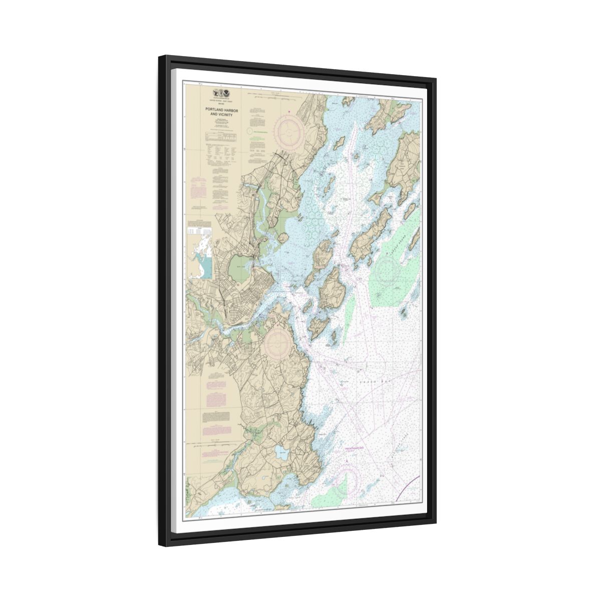 Chart 13292 Portland Harbor and Vicinity - NOAA Nautical Chart Floating Frame Canvas | 20" x 30" | 24" x 36" | 32" x 48" - Black side