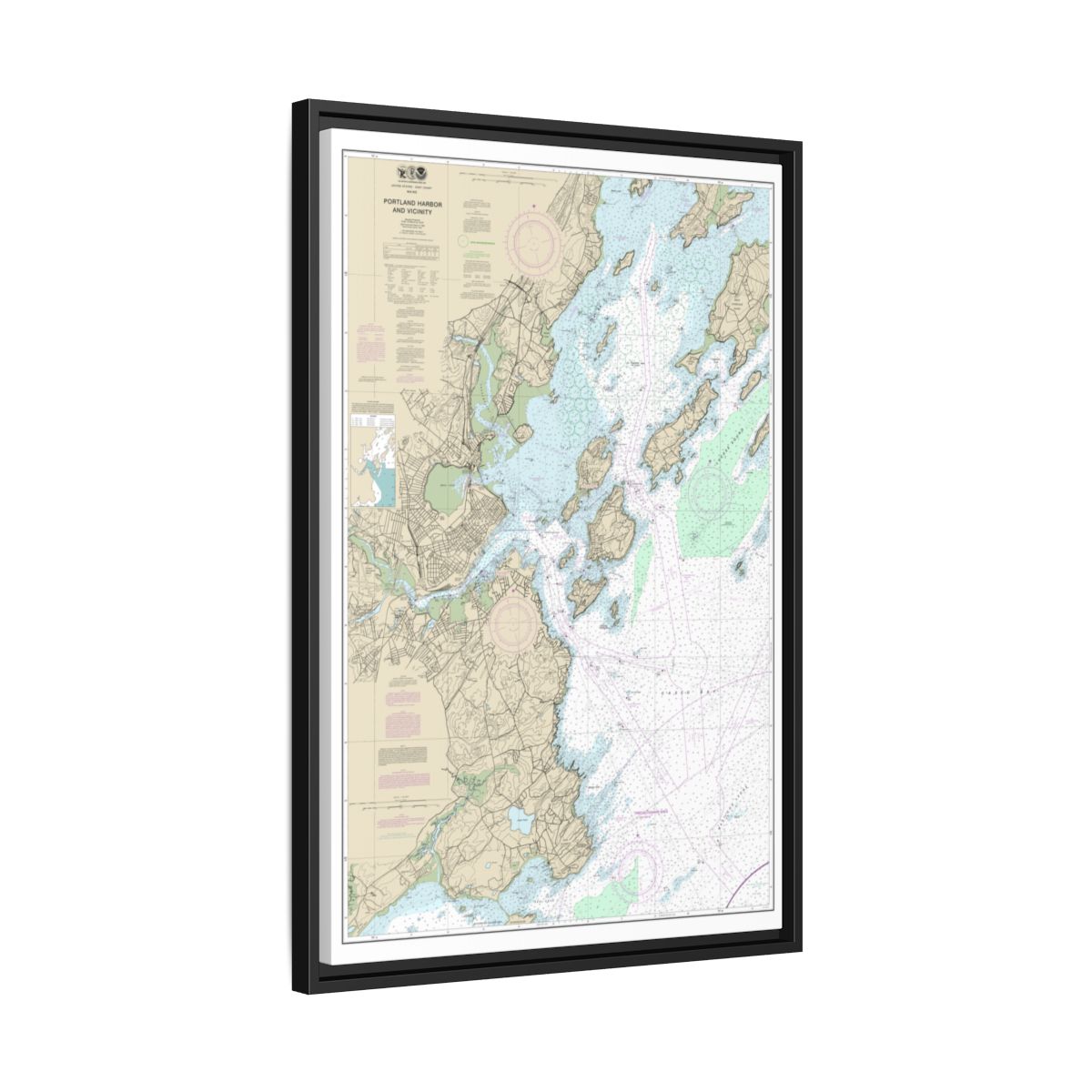 Chart 13292 Portland Harbor and Vicinity - NOAA Nautical Chart Floating Frame Canvas | 20" x 30" | 24" x 36" | 32" x 48" - Black side