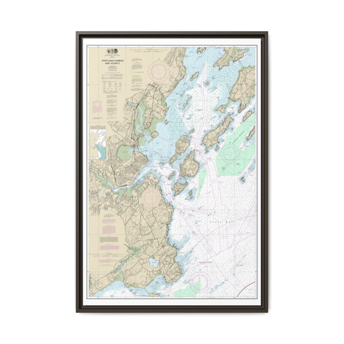 Chart 13292 Portland Harbor and Vicinity - NOAA Nautical Chart Floating Frame Canvas | 20" x 30" | 24" x 36" | 32" x 48" - Espresso front