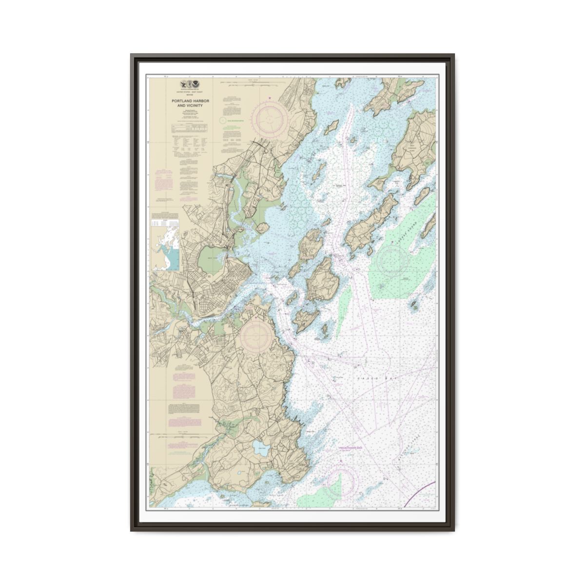 Chart 13292 Portland Harbor and Vicinity - NOAA Nautical Chart Floating Frame Canvas | 20" x 30" | 24" x 36" | 32" x 48" - Espresso front